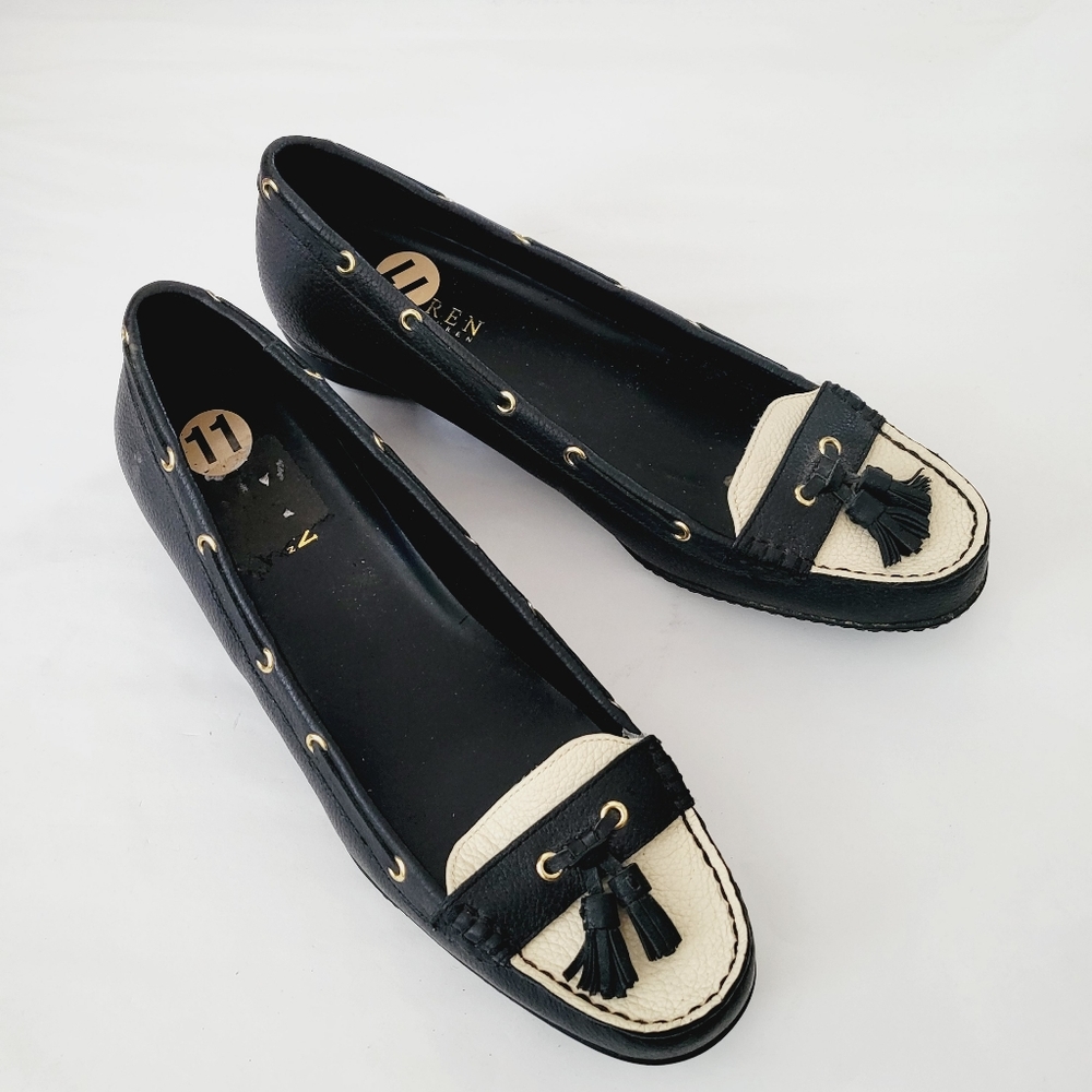 New Ralph Lauren navy and cream slip on tassel Loafers